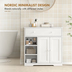 White bathroom cabinet featuring a top drawer, paneled double doors, and open shelves
