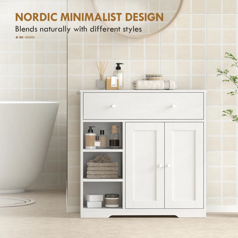 White bathroom cabinet featuring a top drawer, paneled double doors, and open shelves