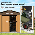 Light brown shed front with double sliding doors, showing interior access space