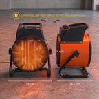 Orange and black industrial fan heater with glowing ceramic face, side view dimensions