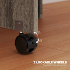 Grey folding dining table with lockable caster wheels at the corner