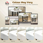 White marble folding dining table with round top and open shelf, shown in multiple lighting tones