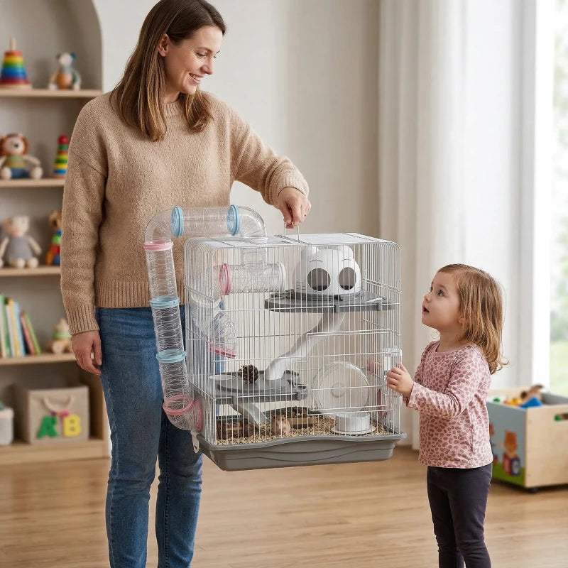 Grey 3-tier hamster cage with clear top, ramps, and wheel inside.