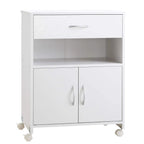 White mobile printer cabinet with top drawer, open shelf, double doors, and caster wheels