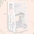 White adjustable step stool shown with size diagram and three-step platform