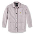 Women's fleece overshirt, light heather gray front with logo patch and green buttons