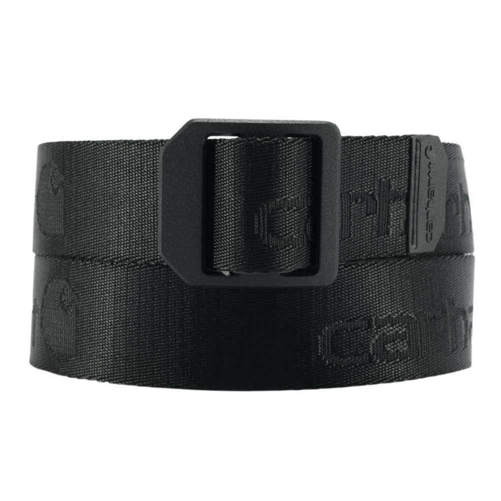 Black nylon webbing belt with ladder lock buckle, textured strap and engraved logo patch