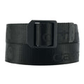 Black nylon webbing belt with ladder lock buckle, textured strap and engraved logo patch