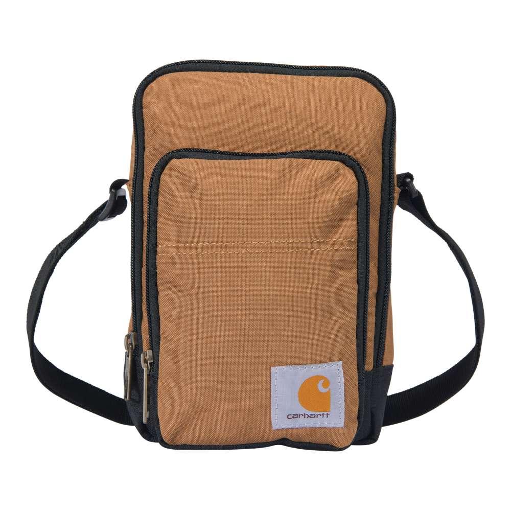 Tan crossbody zip bag with front zipper pocket, black trim, and Carhartt label