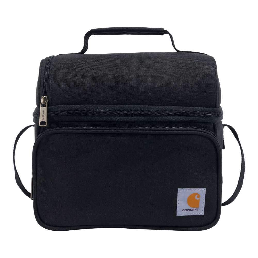 12-can two-compartment lunch cooler bag in dark color with front zipper pocket and logo patch