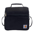 12-can two-compartment lunch cooler bag in dark color with front zipper pocket and logo patch