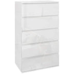 White high-gloss 5-drawer dresser with handle-less stacked drawer fronts