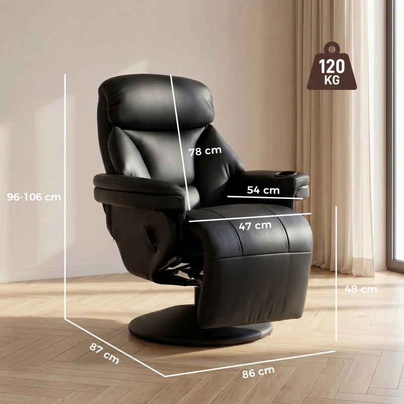 Black reclining armchair with high back, wide armrests, and extended footrest