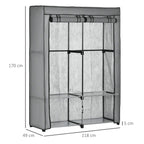 Light grey fabric wardrobe with steel frame, hanging rail and shelves; size dimensions shown