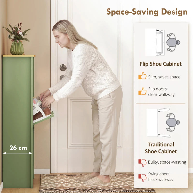 Green slim shoe cabinet with flip door, open compartment for shoes