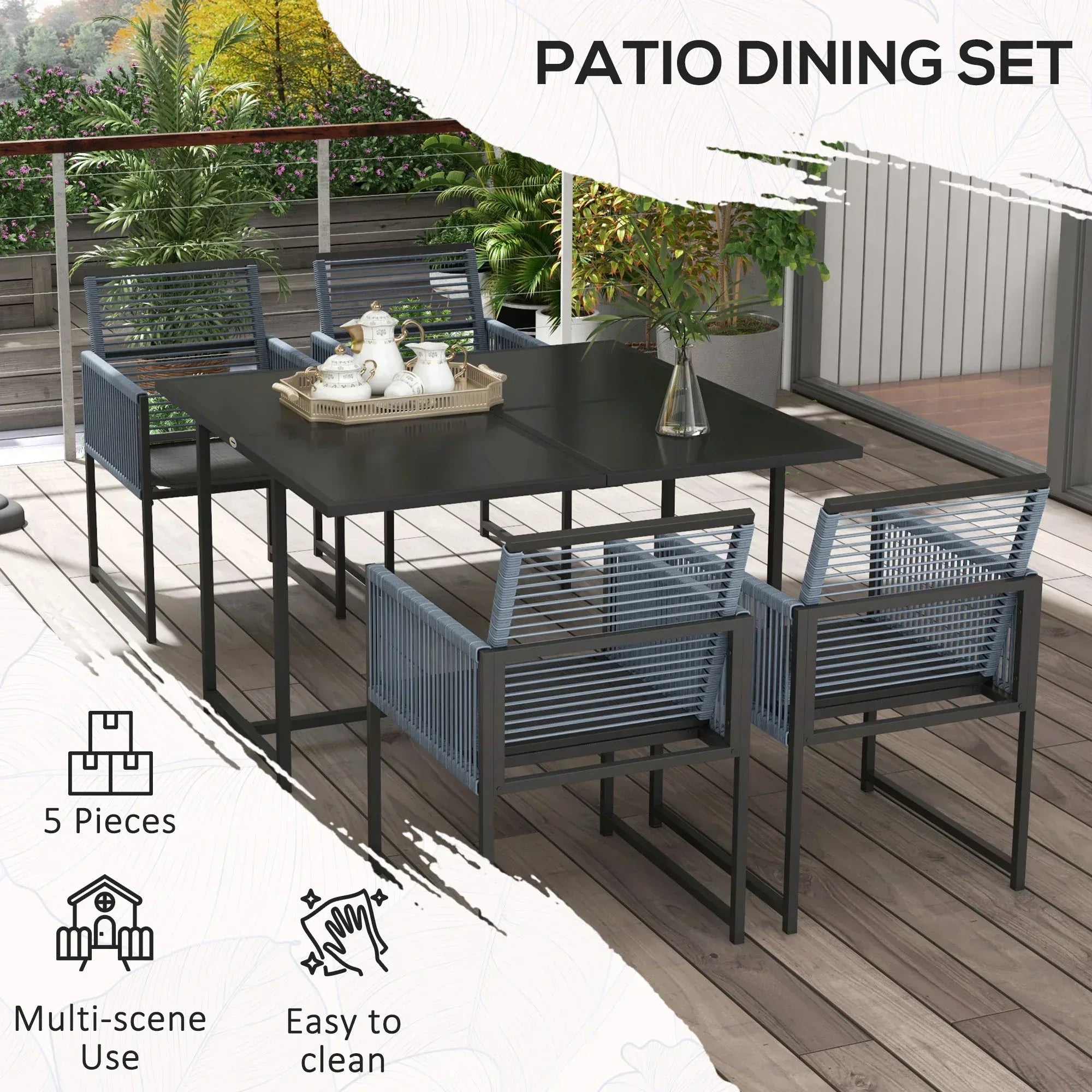 Five-Piece Metal Dining Set, with Folding Back Chairs, Dark Grey - Bobobiy