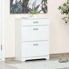 White narrow shoe storage cabinet with three drawers, in an entryway setting.