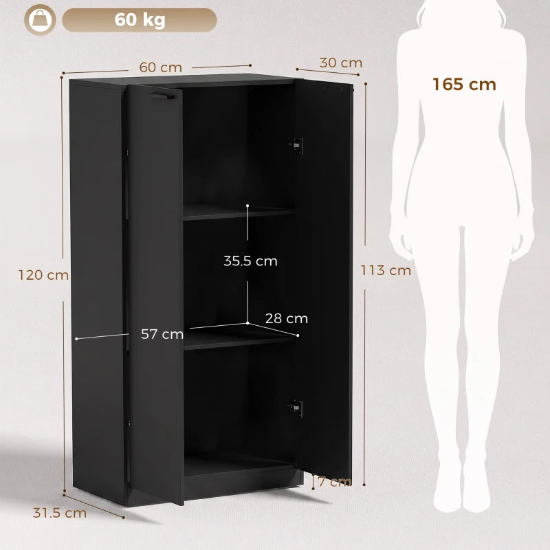 Black file cabinet with doors open showing three compartments and metal handles