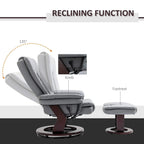 Gray reclining swivel chair with footrest, showing reclining motion and control knob