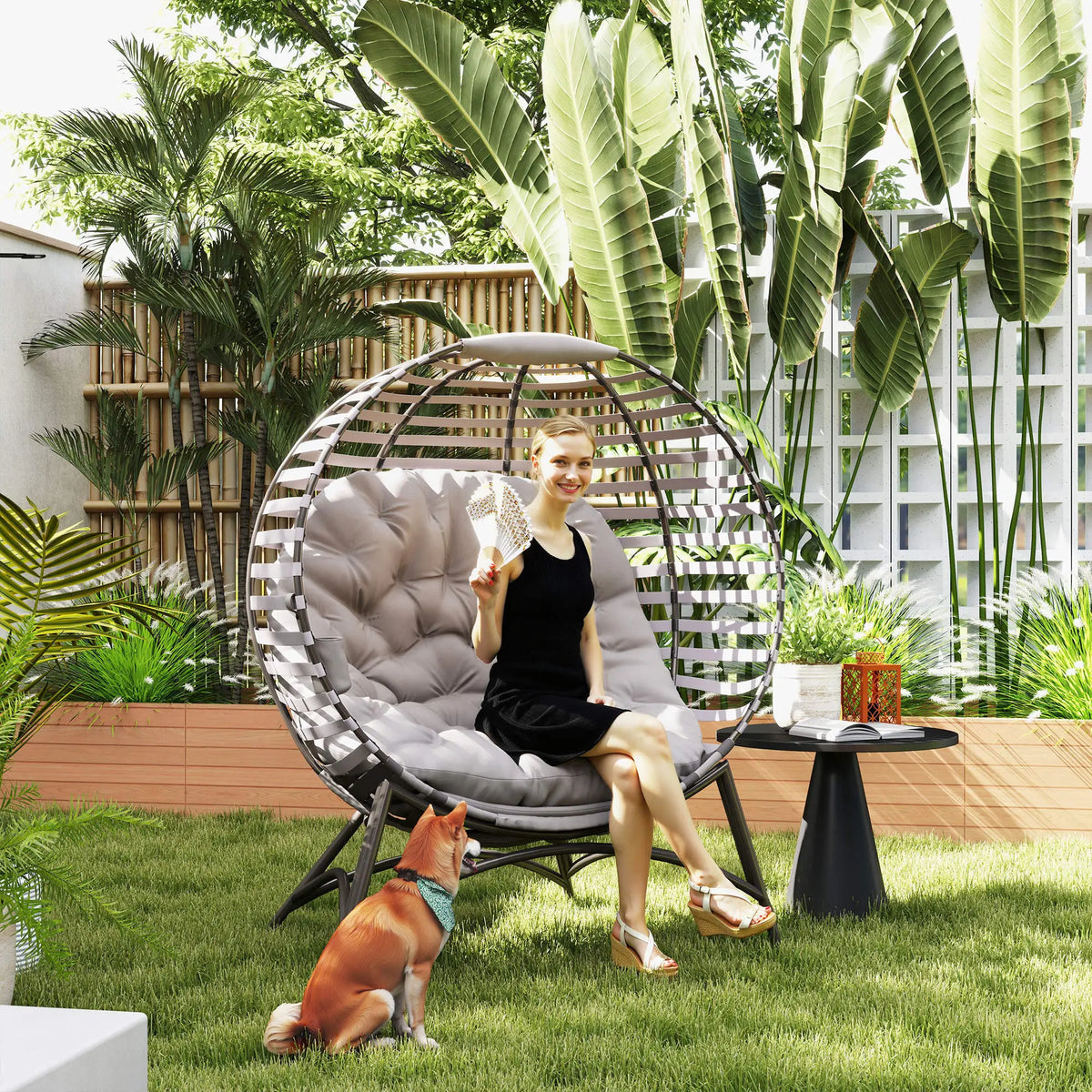 Outsunny Egg Chair with Cushion & Side Pocket Light Grey