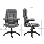 Grey massage recliner chair, front and side views, adjustable height and swiveling casters