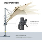Khaki cantilever parasol with crank mechanism and four-position tilt adjustment