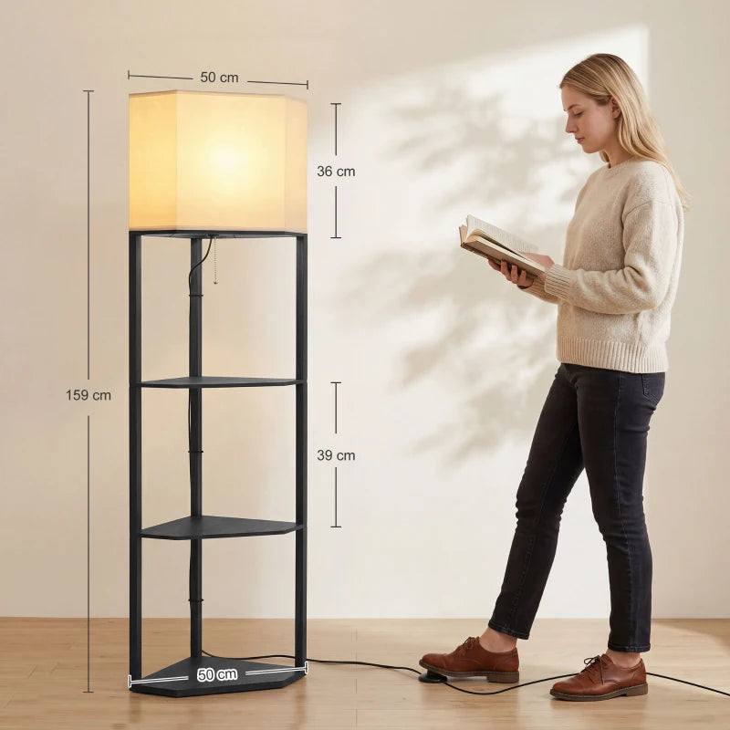 Black standing lamp with fabric shade and three open shelves