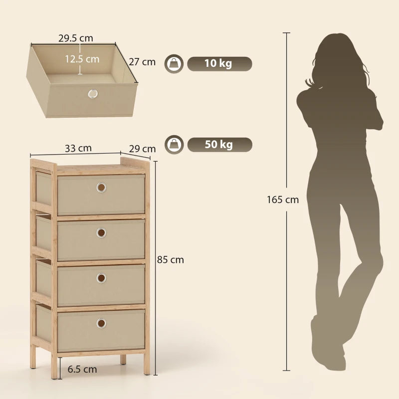 Cream 4-drawer narrow dresser with bamboo frame; size and weight layout shown