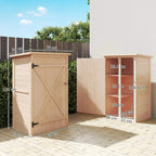 Natural wood outdoor storage shed with side dimensions and open door on a patio