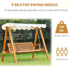 Cream white canopy 3-seater wooden swing bench with slatted seat and hanging chains