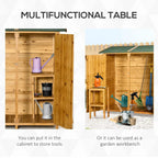 Fir wood garden shed with built-in side cabinet and garden workbench table