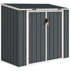 Grey steel bin storage shed with two front doors and central lock latch detail