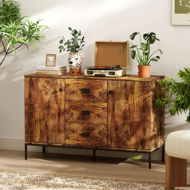 Rustic brown sideboard with two doors and three drawers on dark metal legs