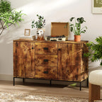 Rustic brown sideboard with two doors and three drawers on dark metal legs
