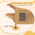 Outdoor wooden cat house with raised bottom on legs and a front window opening