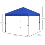 3 x 3 m blue pop-up gazebo with metal frame and canopy, size diagram shown
