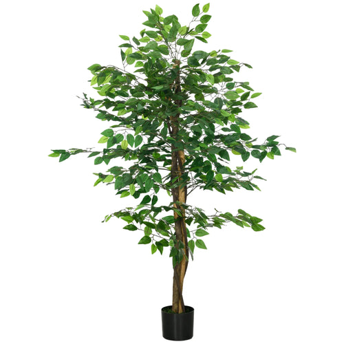 Green artificial ficus tree with dense leaves and dark weighted pot