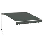 Dark grey retractable awning canopy with scalloped valance and side support arms.