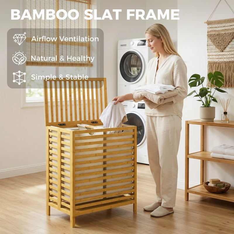 Bamboo laundry basket with lid and ventilated slat frame, holding folded towels