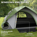 Green and grey dome tent with rounded windows and a front door opening