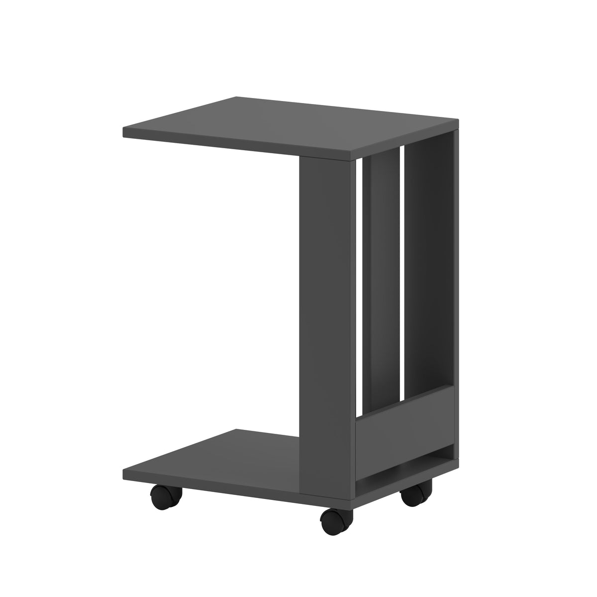 Dark gray modern side table with open shelf and tabletop, on rolling casters