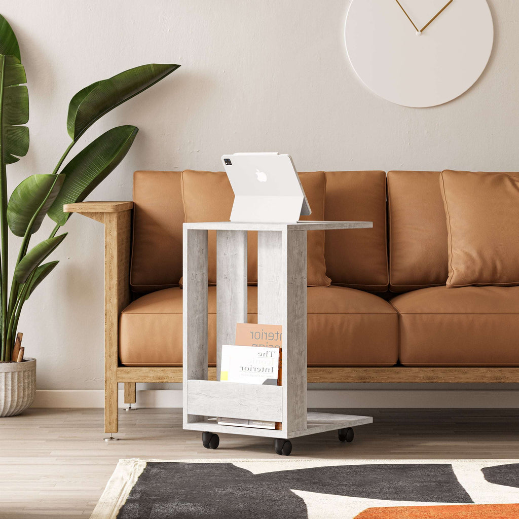 Modern white side table with open shelf and caster wheels, square top
