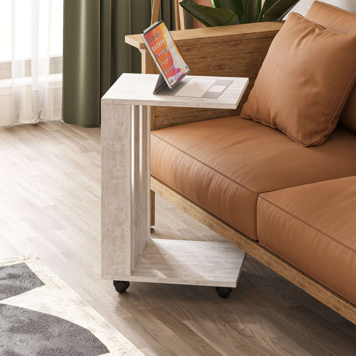 Modern white side table with lower shelf and caster wheels, square top