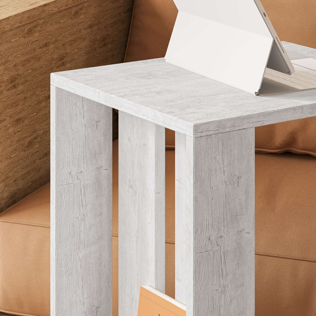 White side table with open shelf and caster wheels, square tabletop
