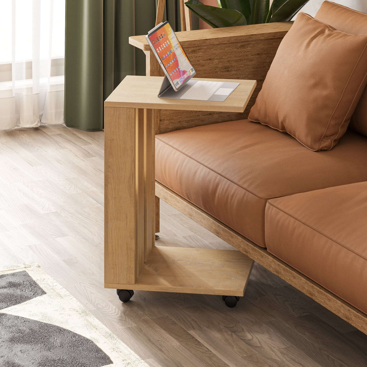 Light oak side table with lower shelf and caster wheels, square tabletop