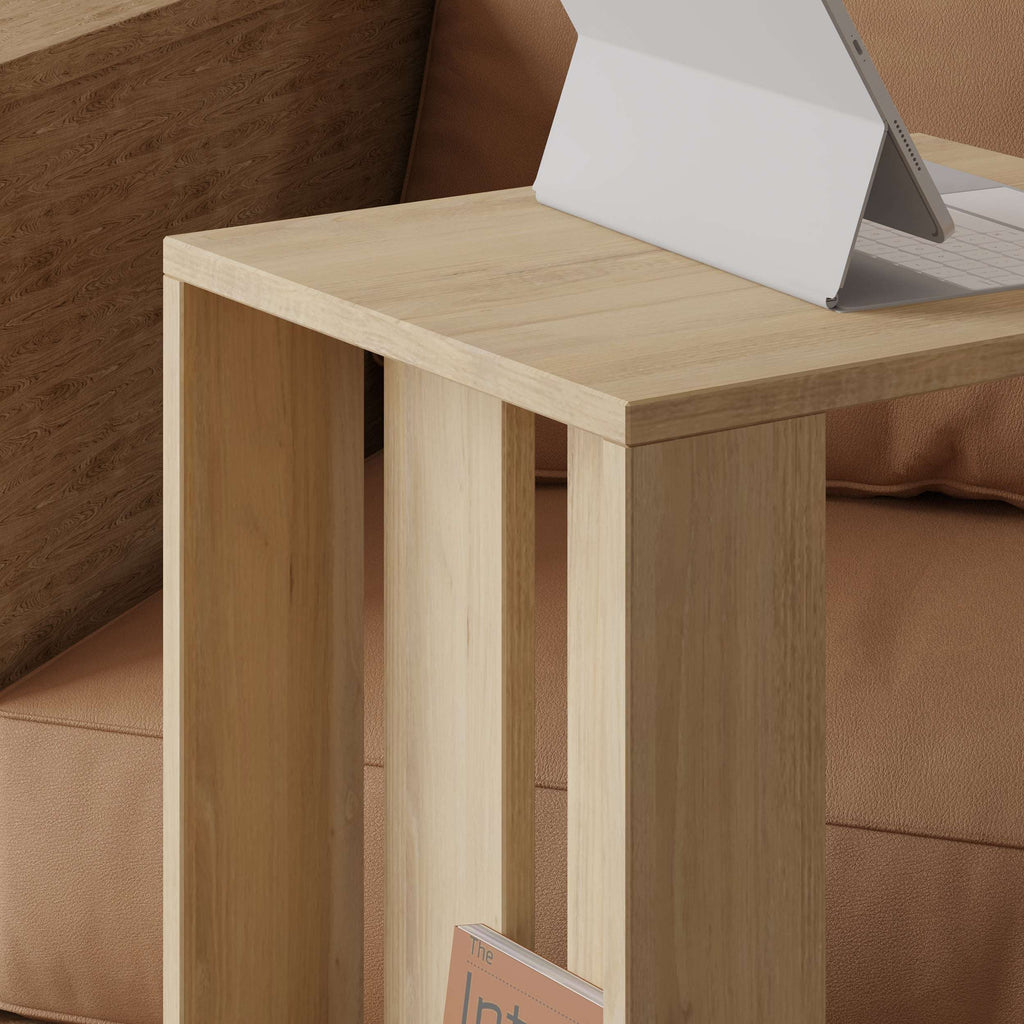 Light wood modern side table with open shelf and tabletop, on rolling casters
