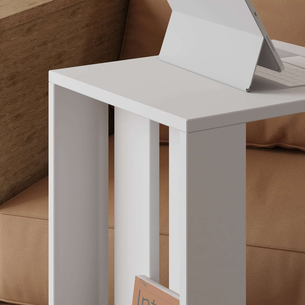 White modern side table with open shelf and smooth tabletop, on rolling casters