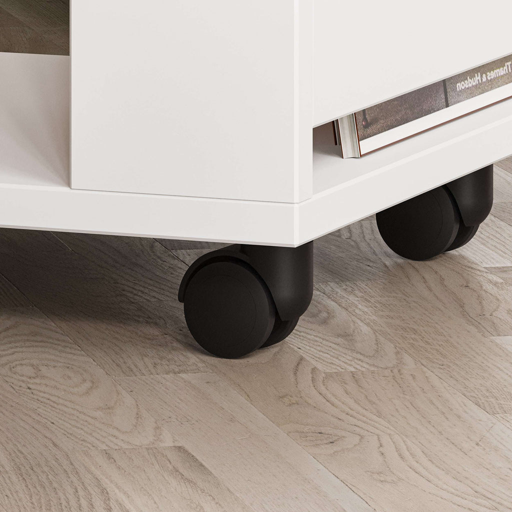 White side table base with two-tier open shelf and black rolling casters