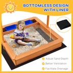 Wooden kids sandbox with liner for sand, child playing inside, raised side walls with blue basin