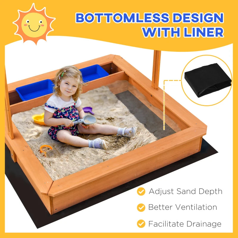 Wooden kids sandbox with liner for sand, child playing inside, raised side walls with blue basin
